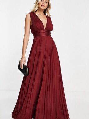 ASOS DESIGN Burgundy Pleated Maxi Dress Bridesmaid Wedding Guest Formal Size 12